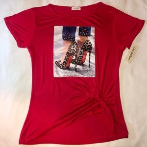 Occasion | XL Red & Leopard Heel & Jean Rhinestone Fashion Shirt. New w/ tags.